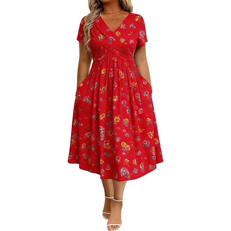 Elvie floral twist-waist dress in red, full-length front view