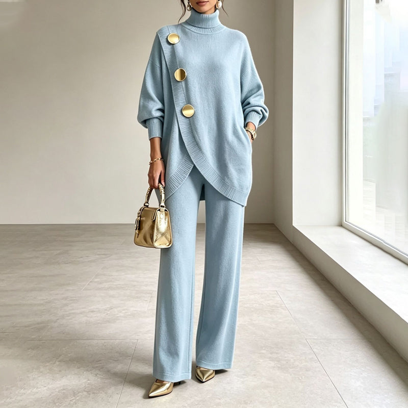 Natalie turtleneck knit set in sky blue, full-length front view