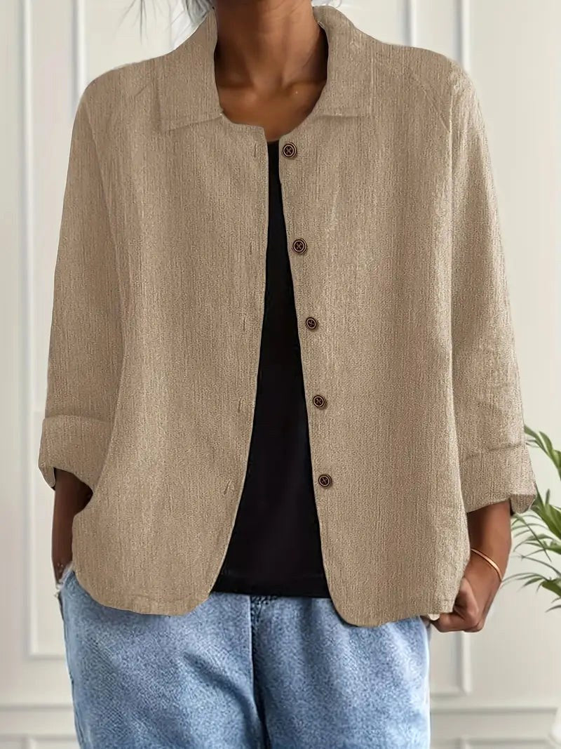 Adelheid open shirt blouse in khaki, worn open over a black top, front view