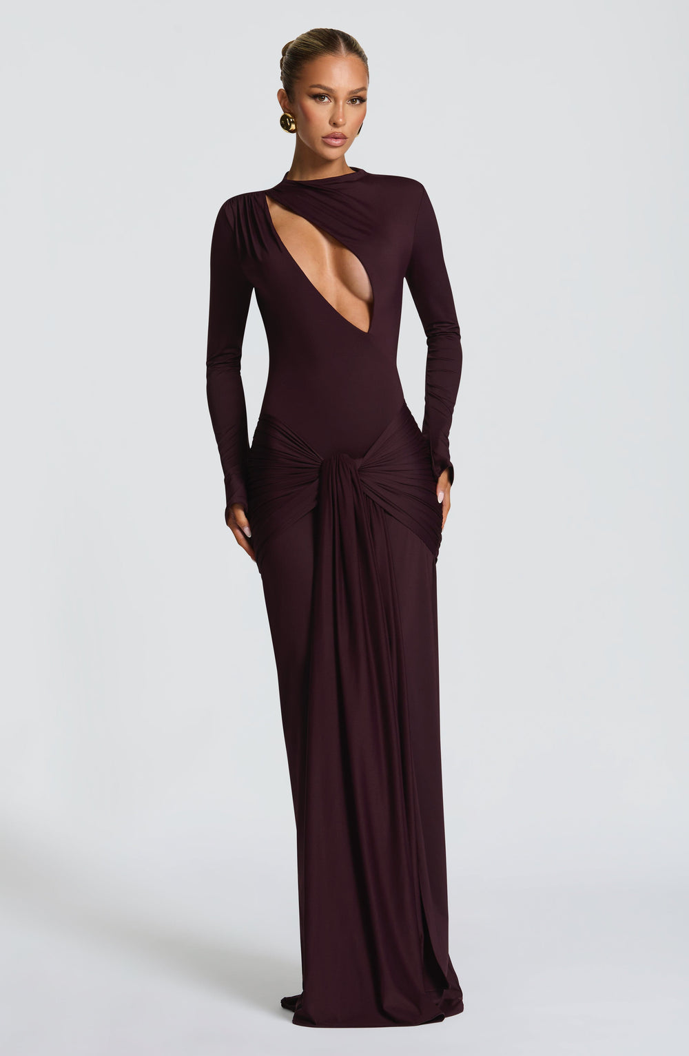 Tahnee plum maxi dress, full-length front view with draped cut-out