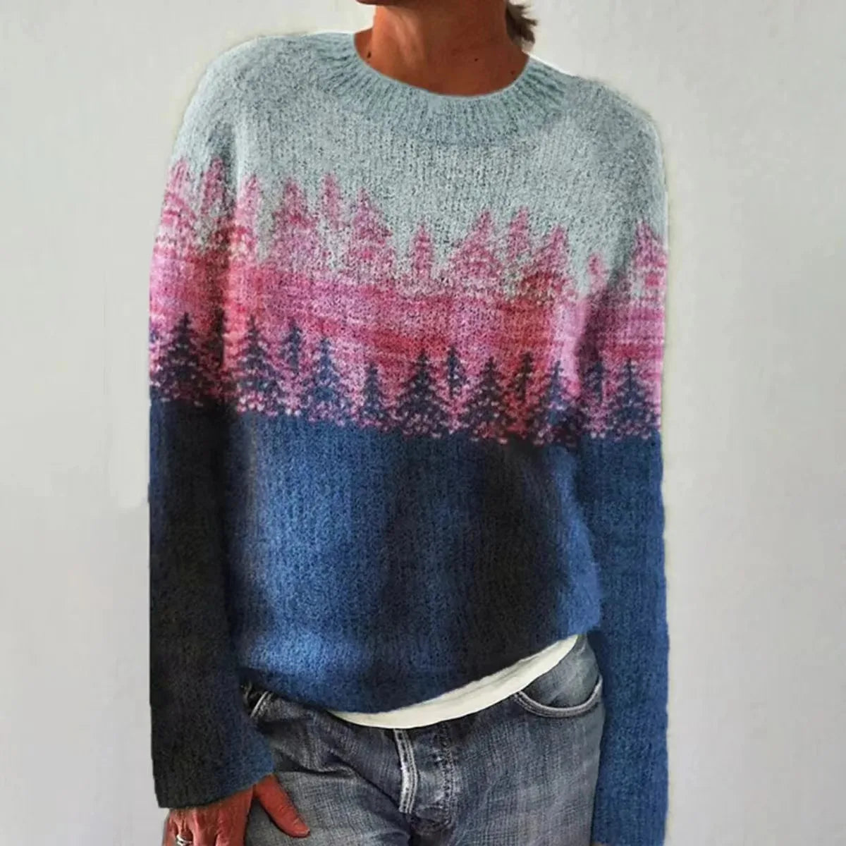 Aurielle vintage knit sweater in blue and pink forest print, front view
