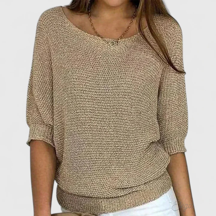 Kalyndrae comfortable sweater in beige, front view with wide scoop neckline