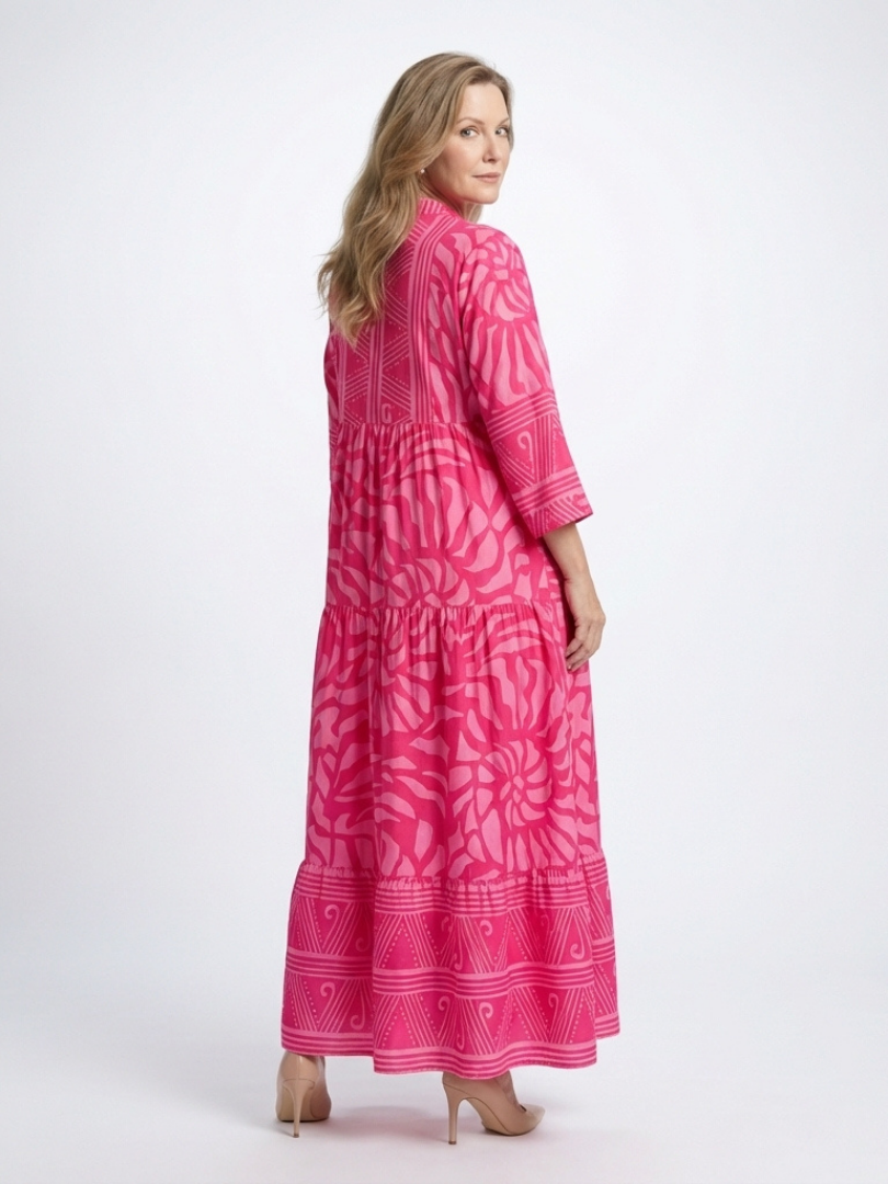 Marielle button front midi dress in pink, back view