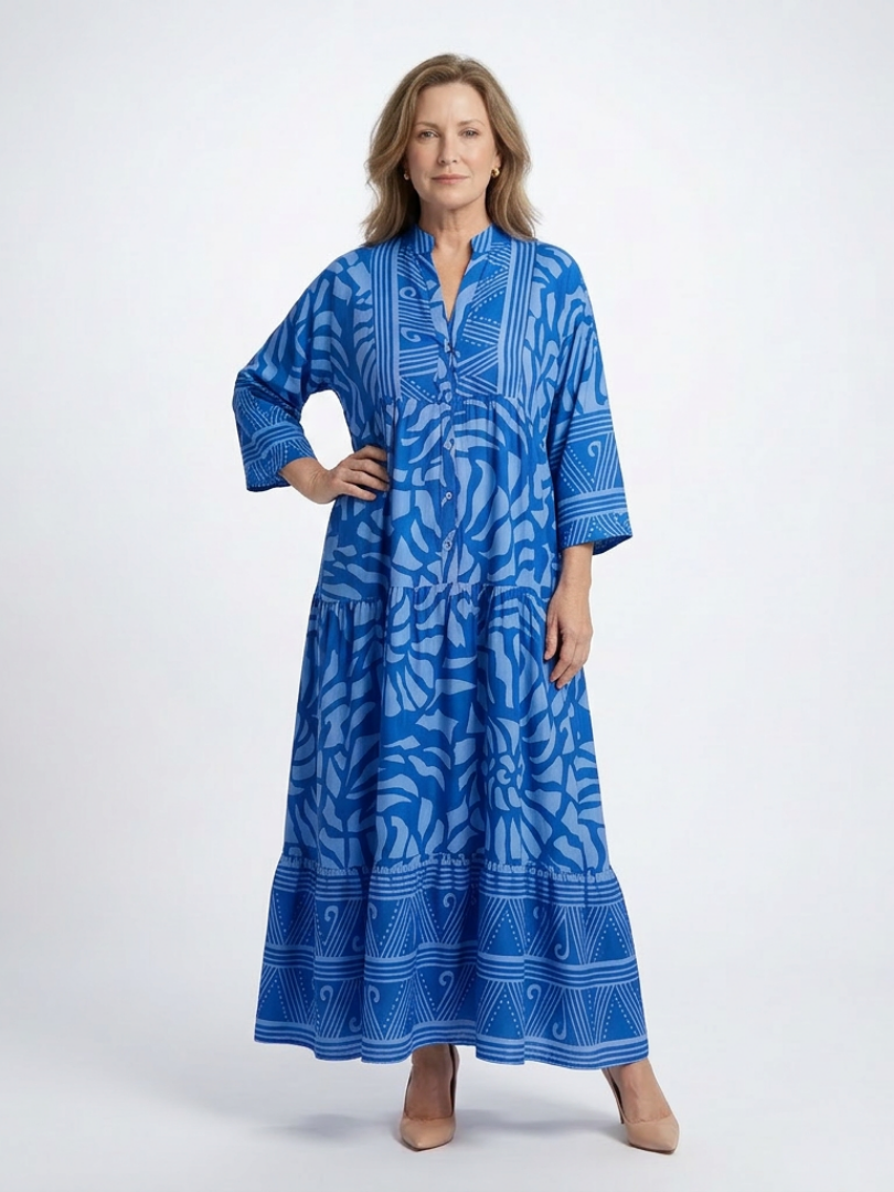 Marielle button front midi dress in blue, full-length front view
