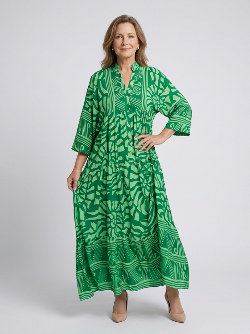 Marielle button front midi dress in green, full-length front view