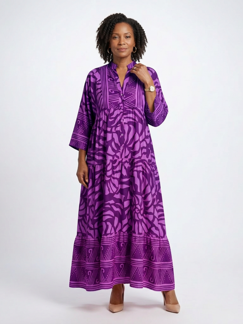 Marielle button front midi dress in purple, full-length front view