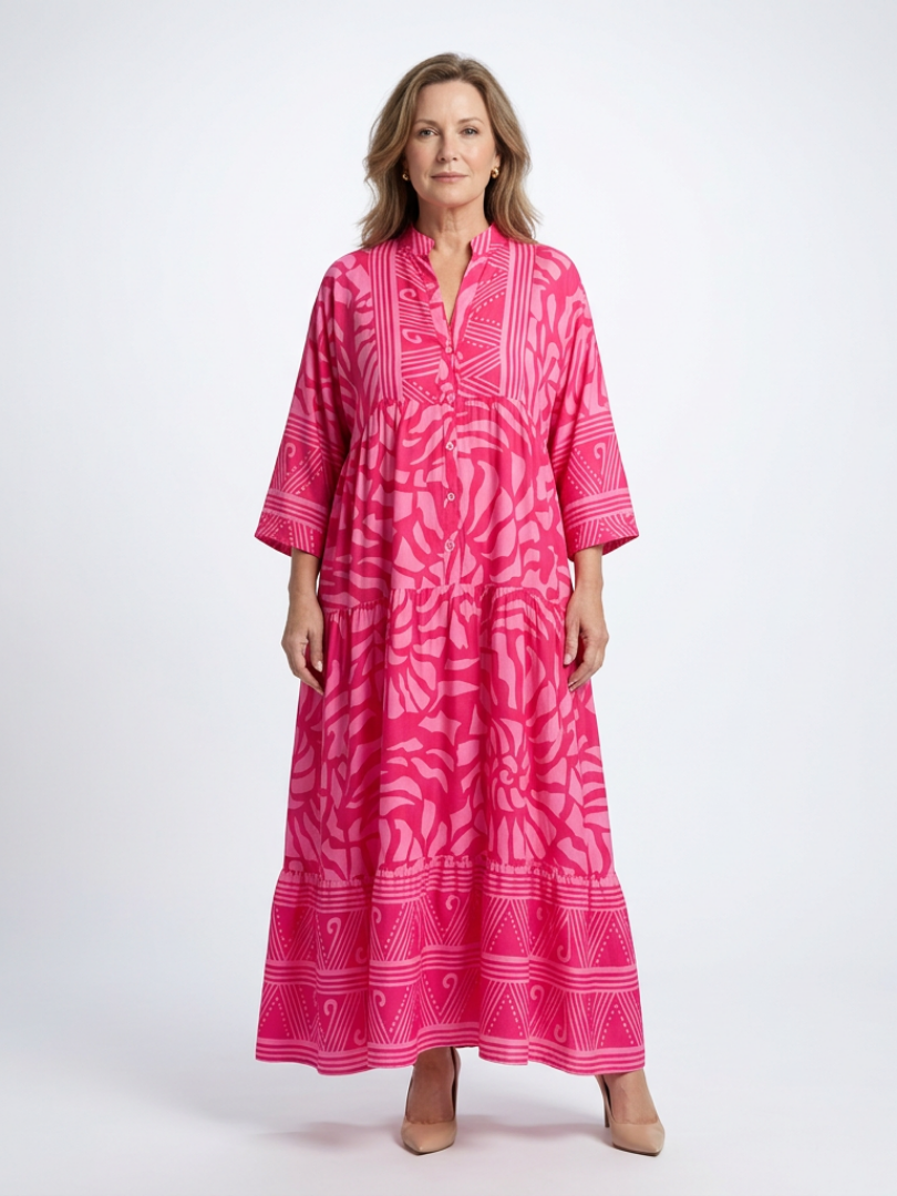 Marielle button front midi dress in pink, full-length front view