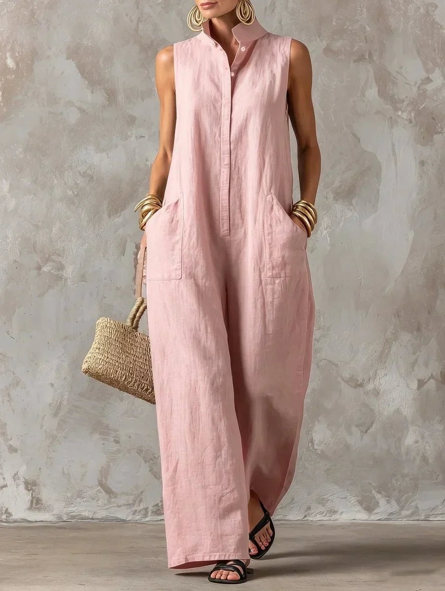 Sleeveless wide-leg jumpsuit in pink, full-length front view