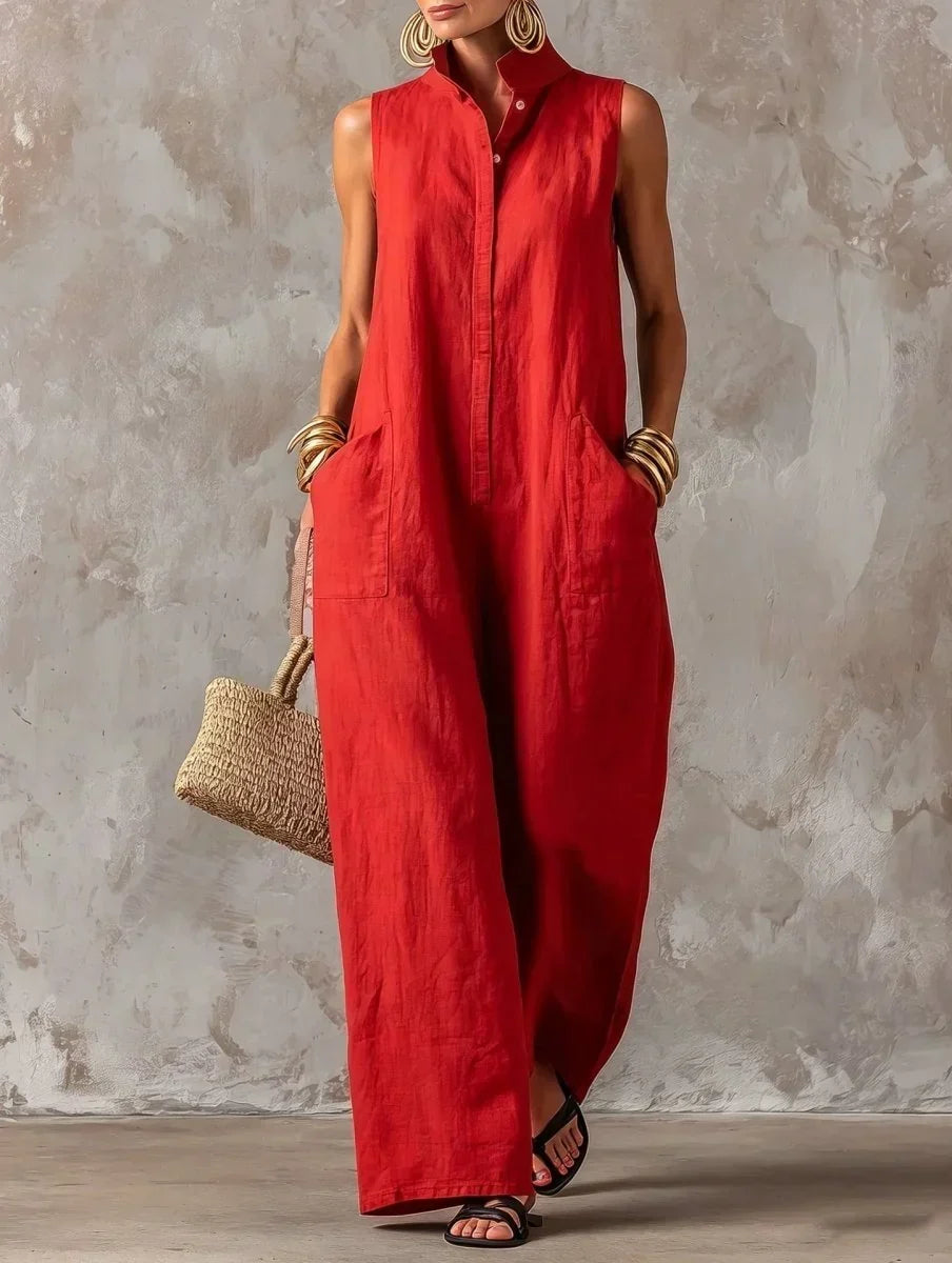 Sleeveless wide-leg jumpsuit in red, full-length front view