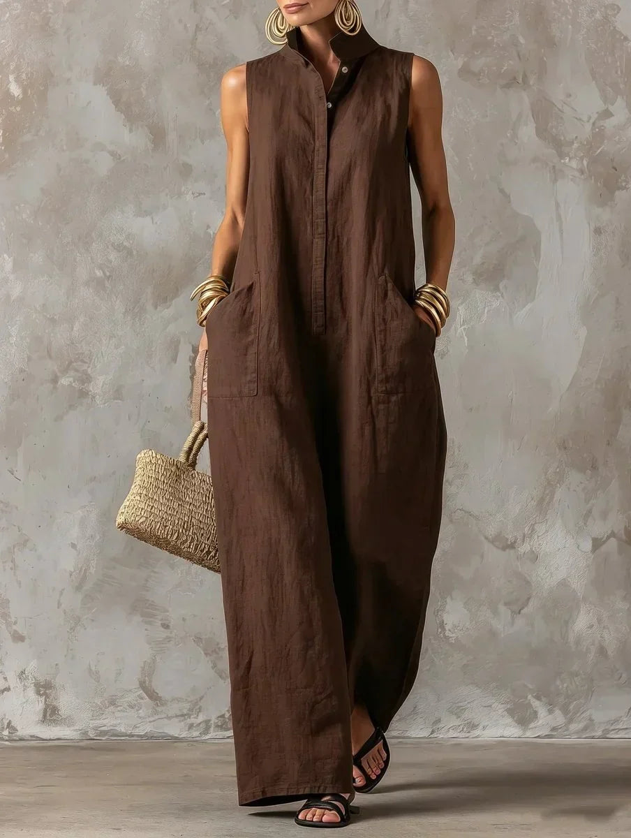 Sleeveless wide-leg jumpsuit in brown, full-length front view