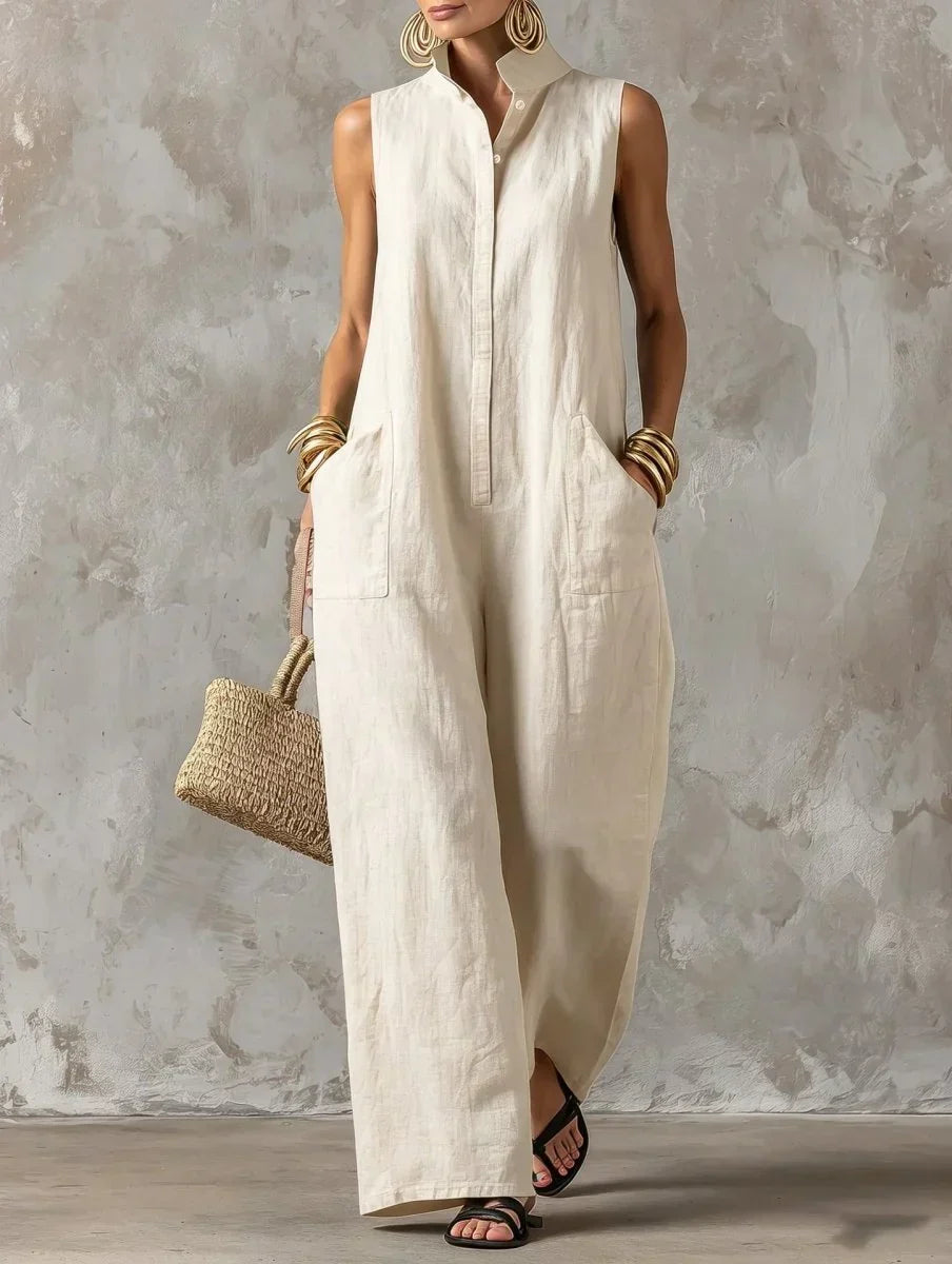 Sleeveless wide-leg jumpsuit in beige, full-length front view