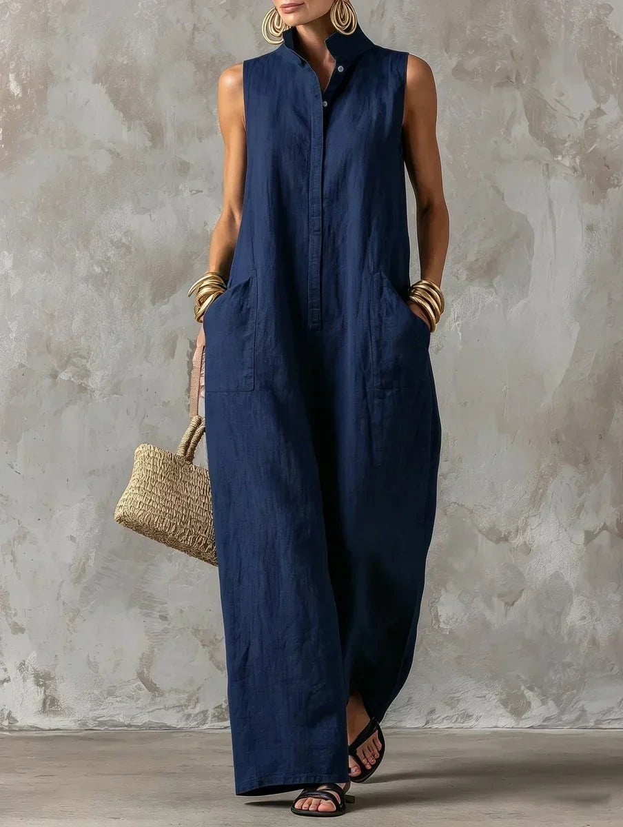 Sleeveless wide-leg jumpsuit in navy blue, full-length front view