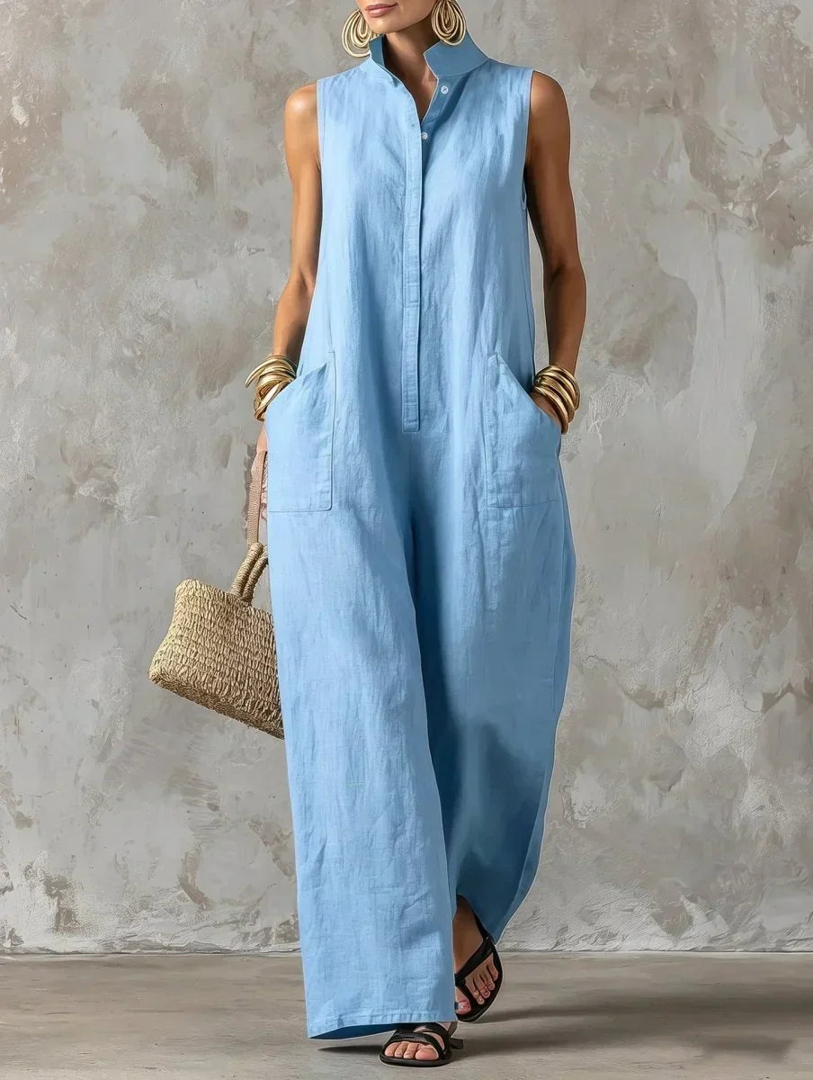 Sleeveless wide-leg jumpsuit in light blue, full-length front view