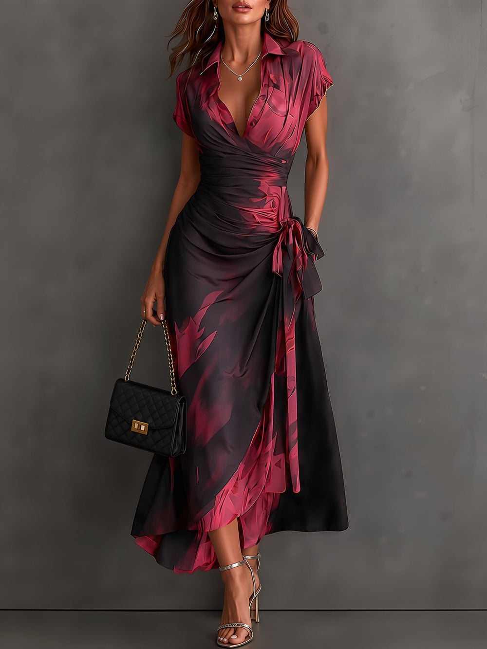Beatrice abstract print wrap dress in burgundy, full-length front view