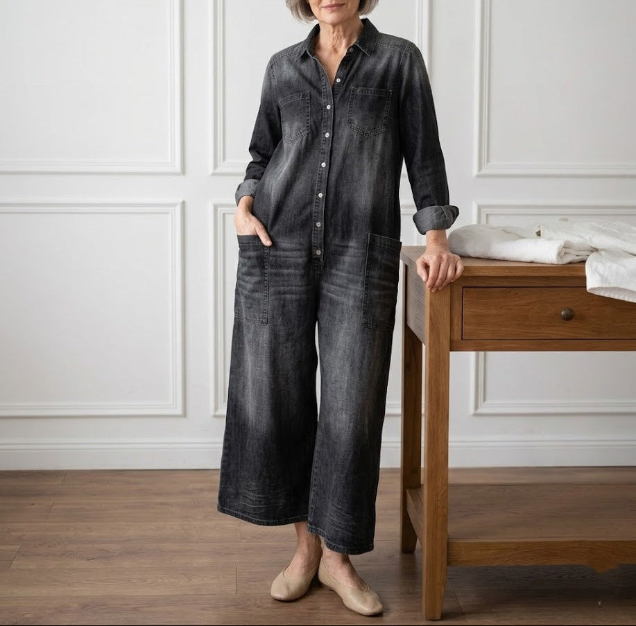Diana denim jumpsuit in black, front view with hand in pocket