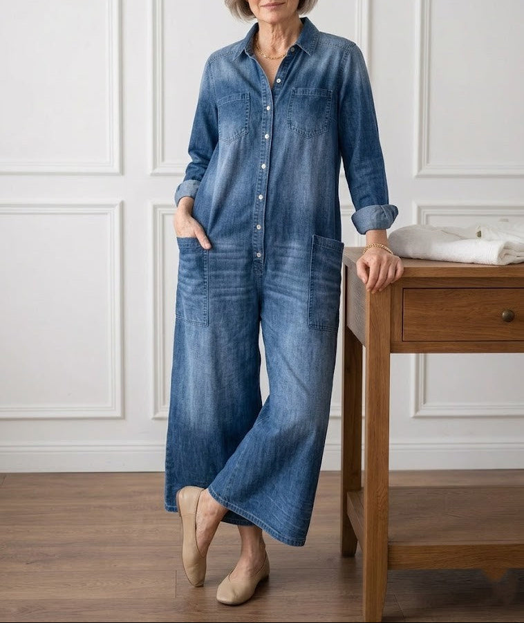 Diana denim jumpsuit in blue, full-length front view