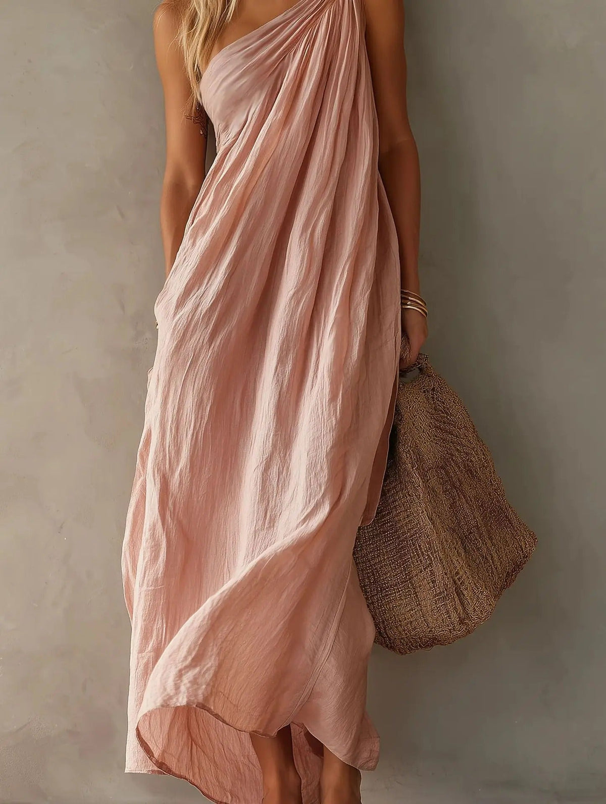 Adriana asymmetrical maxi dress in pink, full-length front view