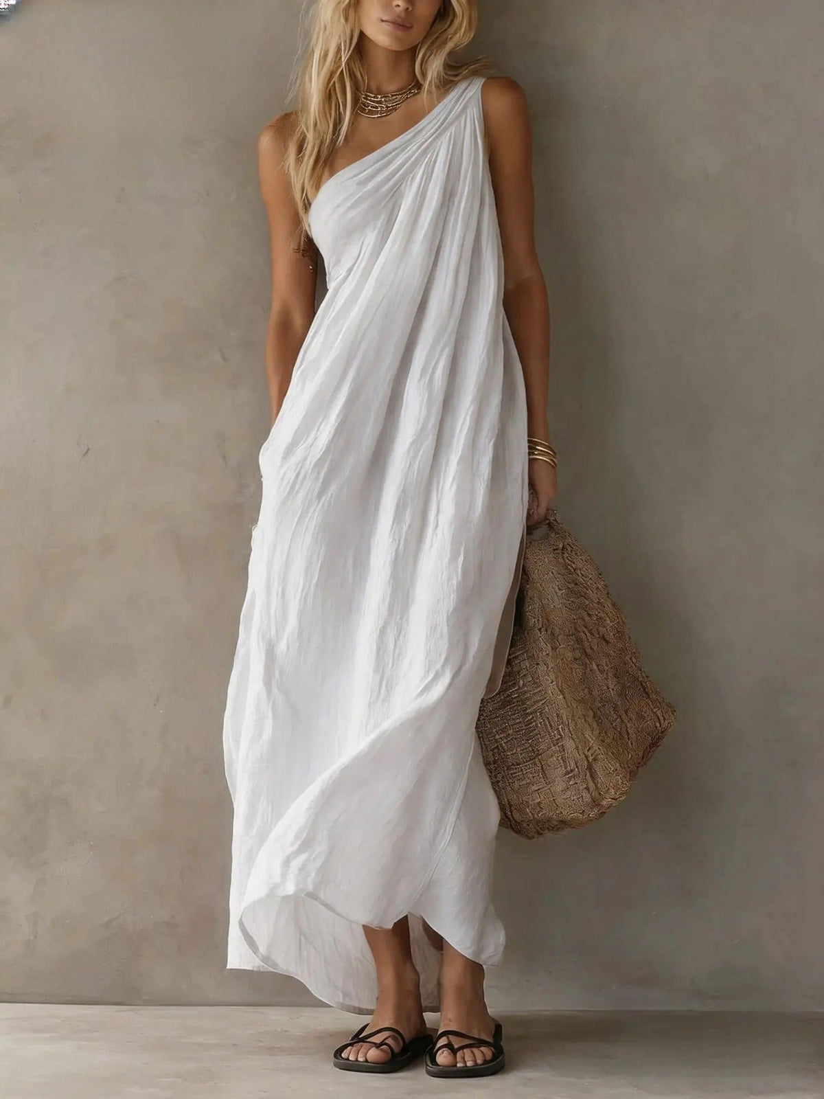 Adriana asymmetrical maxi dress in white, full-length front view