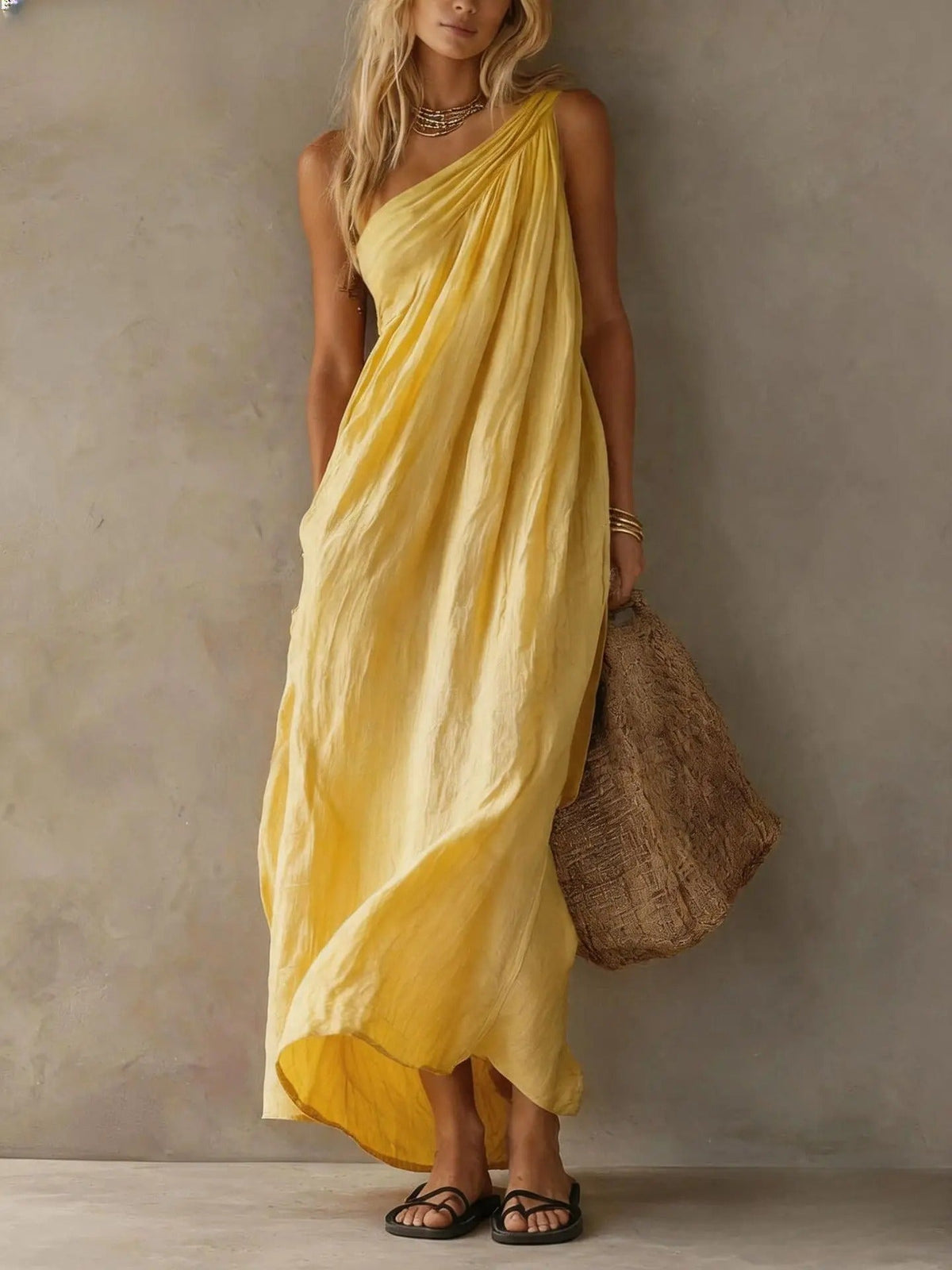 Adriana asymmetrical maxi dress in yellow, full-length front view