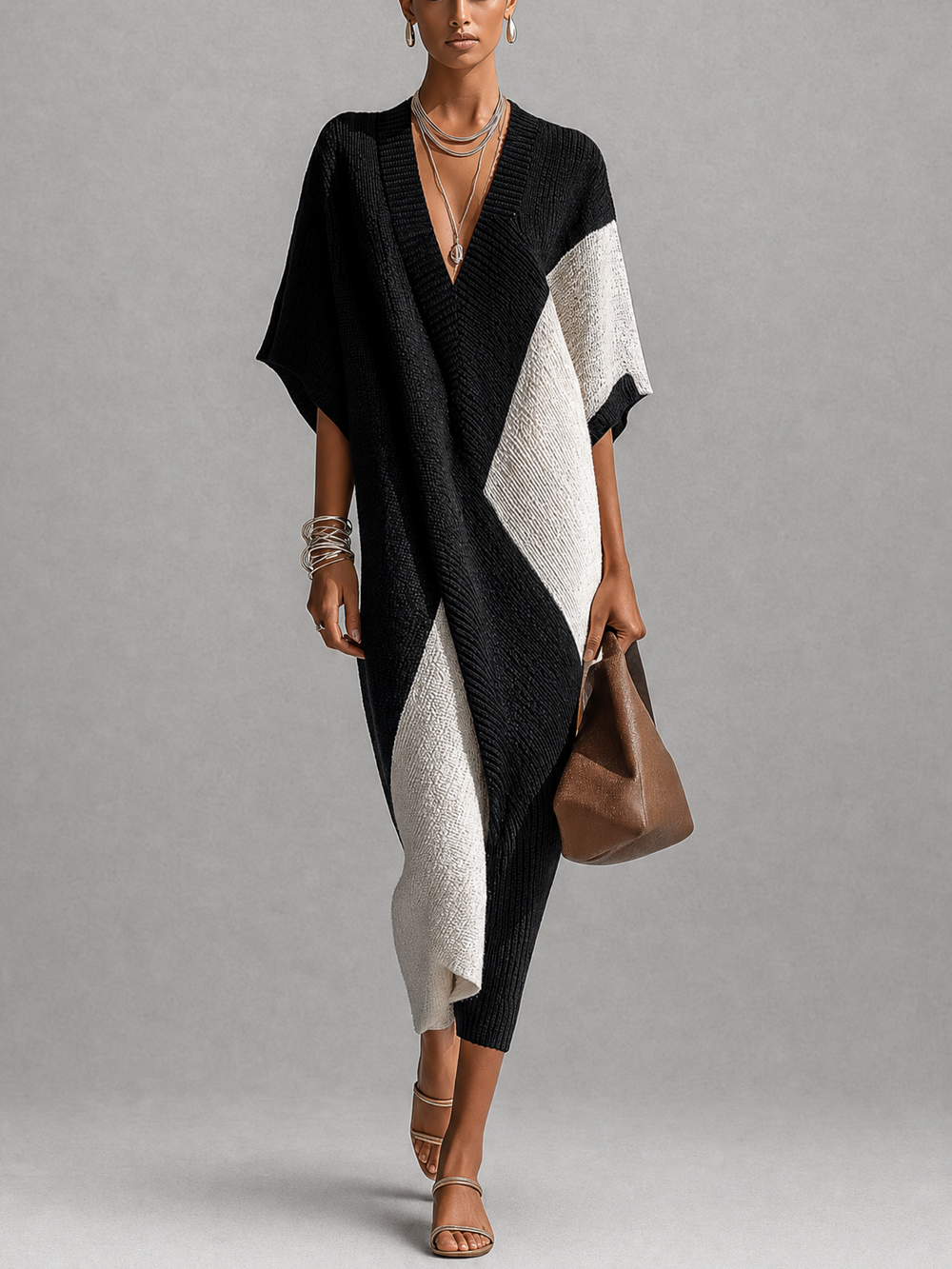 Véra midi dress in black and ivory, full-length front view