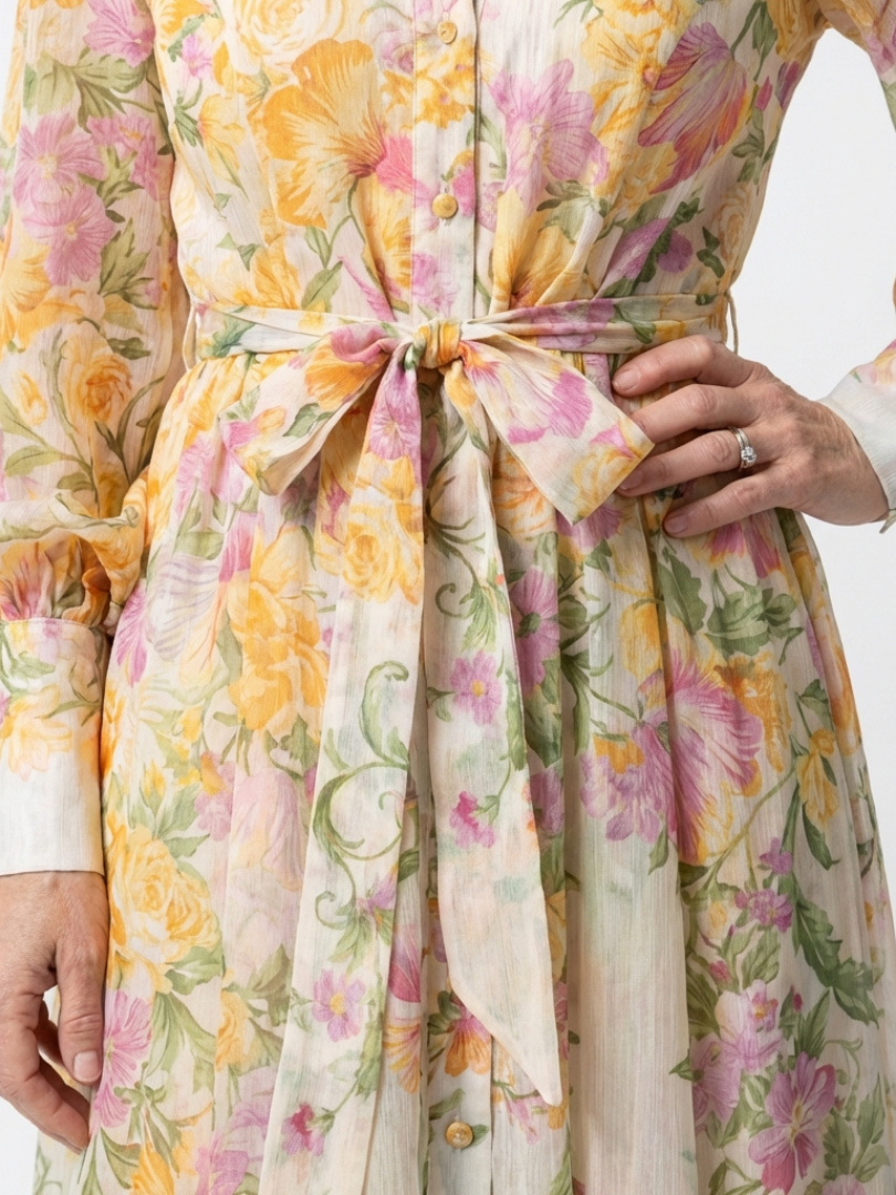 Cressida maxi dress close-up of tie belt and button front