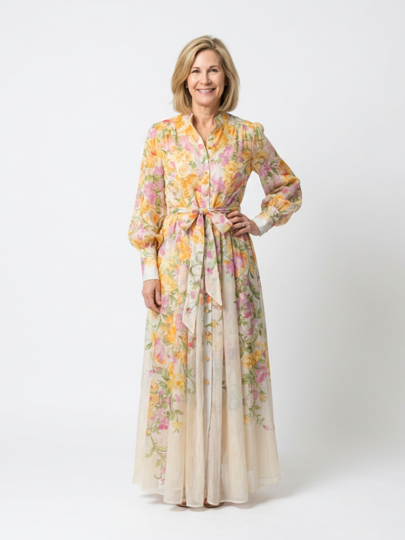 Cressida floral sheer maxi dress in yellow, full-length front view