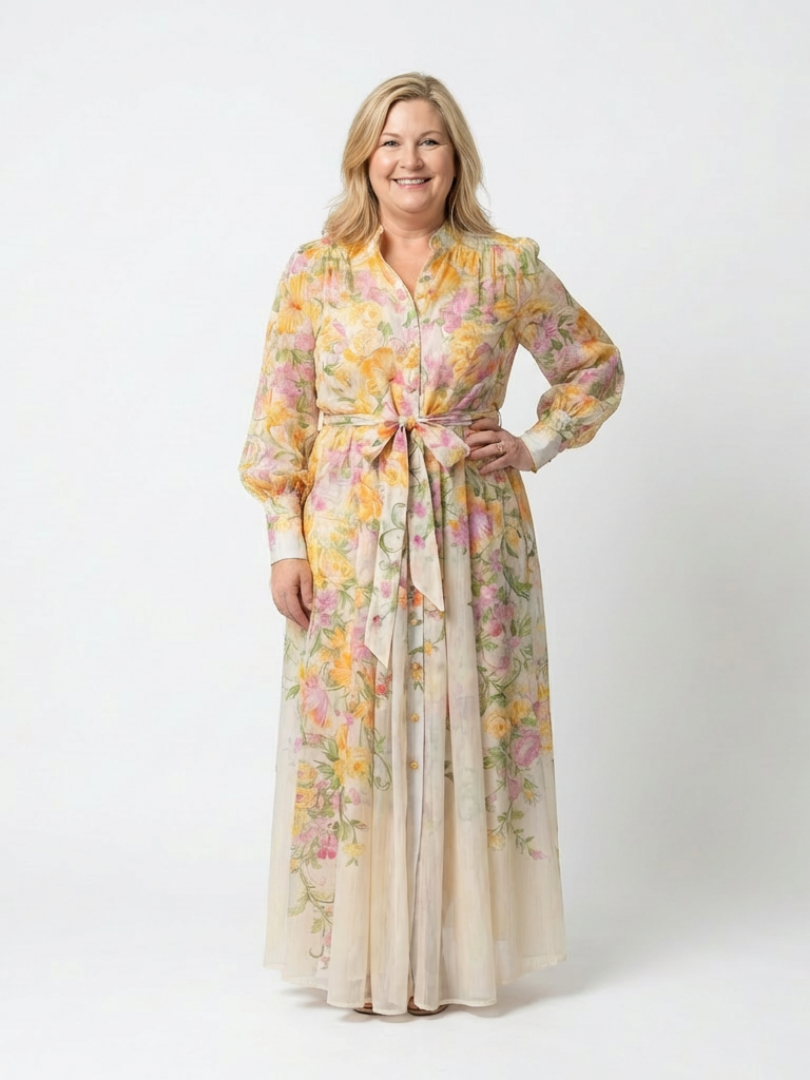 Cressida floral sheer maxi dress in yellow, front view on model
