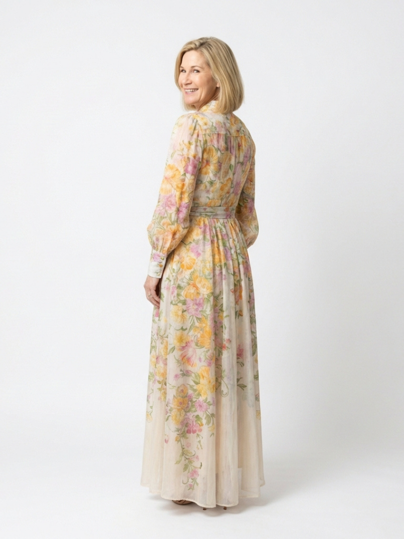 Cressida floral maxi dress in yellow, back view showing gathered skirt