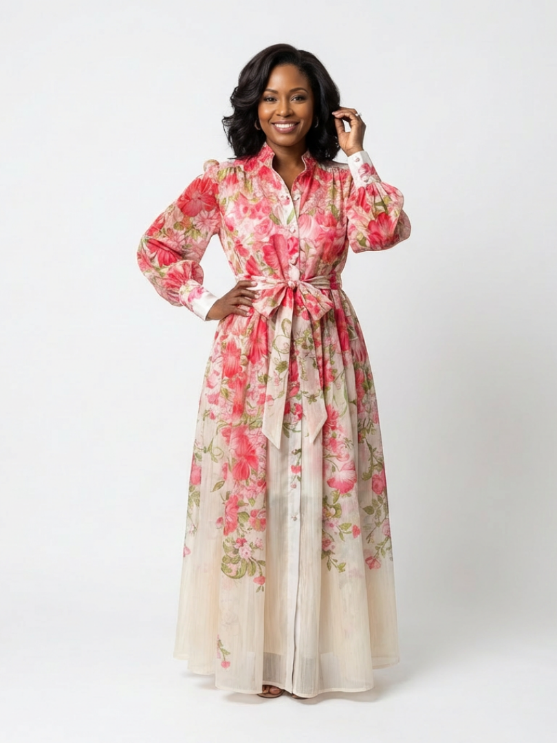 Cressida floral sheer maxi dress in red, full-length front view