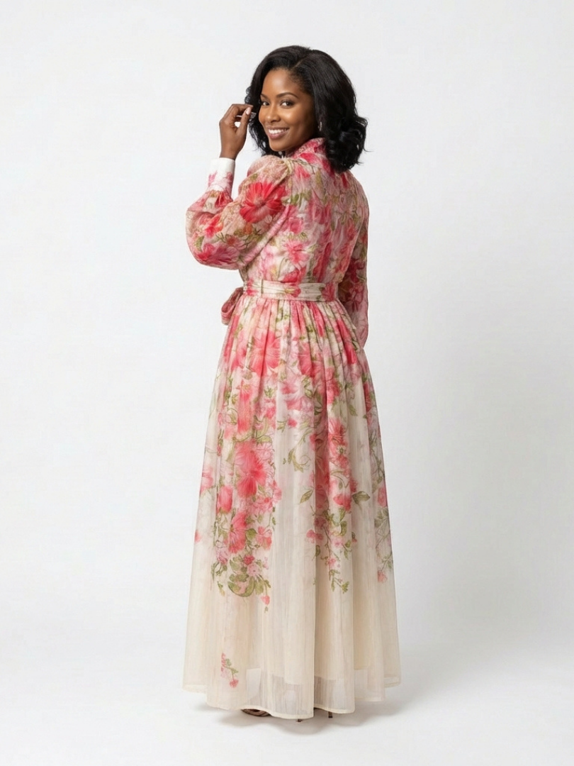 Cressida floral maxi dress in red, back view with flowing skirt