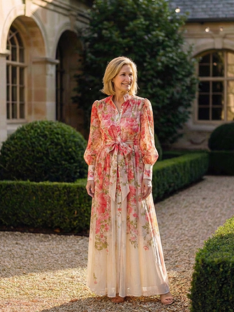Cressida floral maxi dress in red, worn in a garden setting