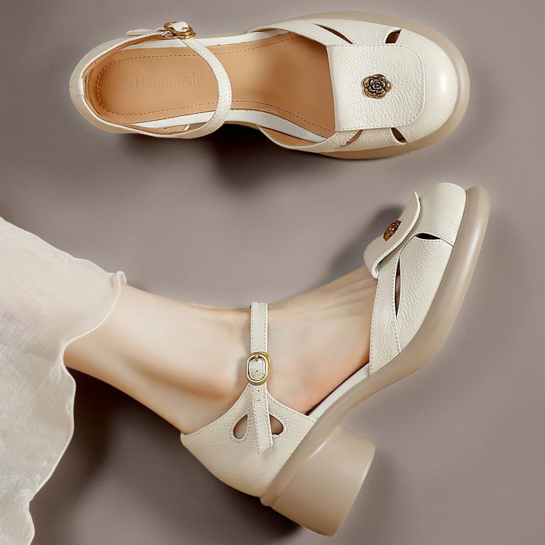 Claire adjustable platform sandals in beige, worn and top view