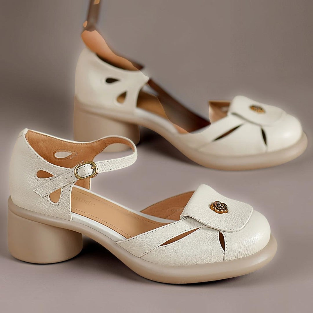 Claire adjustable platform sandals in beige, angled pair view