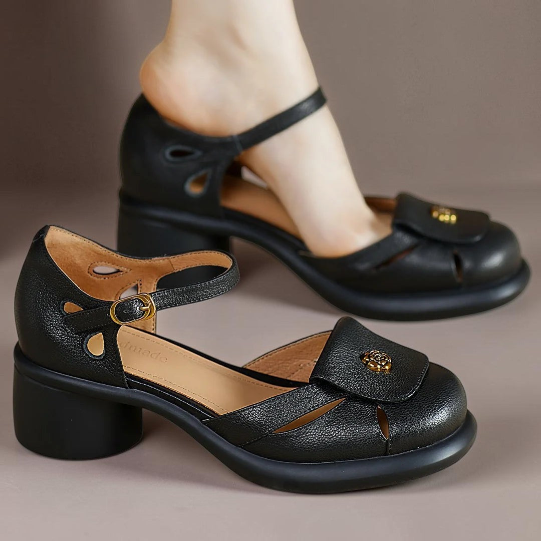 Claire adjustable platform sandals in black, worn side view