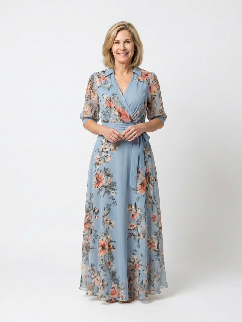 Elowen floral wrap maxi dress in blue, full-length front view