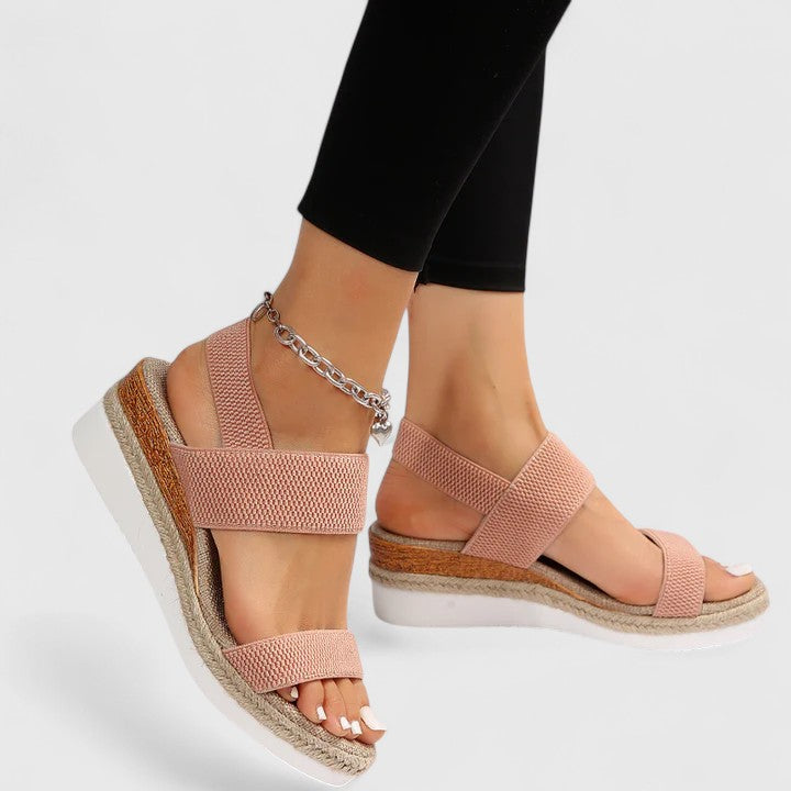 Merill orthopedic wedge sandals in pink, worn side view