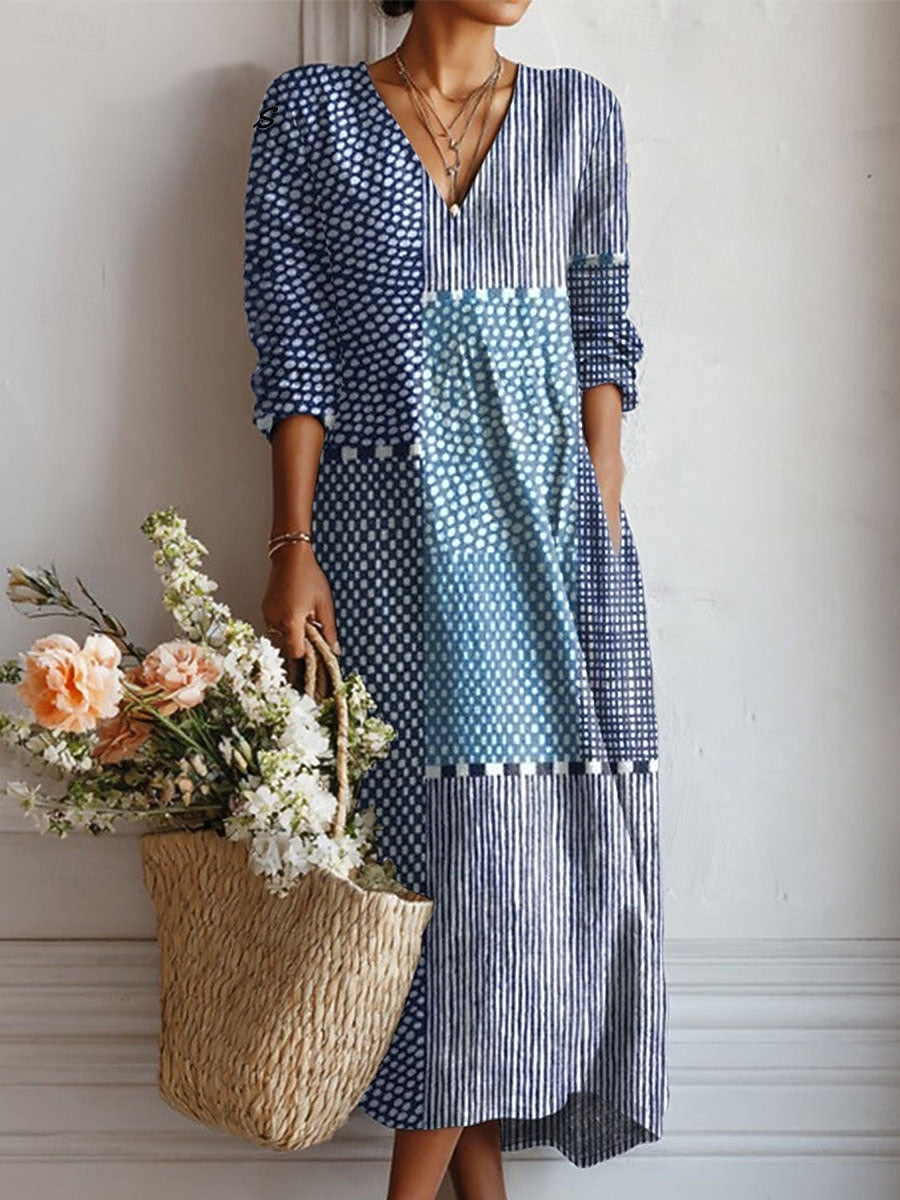 Esra patchwork maxi dress in blue, full-length front view with side pockets