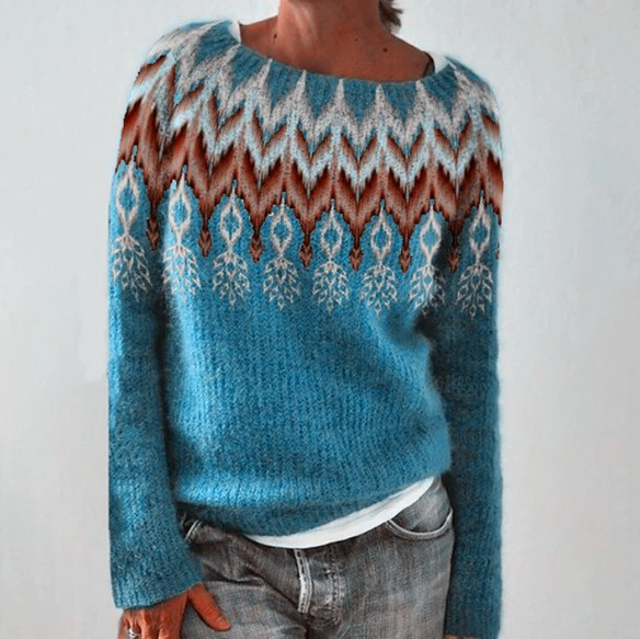 Eva retro Scandinavian knitted sweater in teal blue with patterned yoke, front view