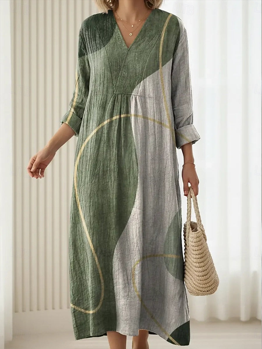 Lara everyday comfort dress in green and grey abstract print, full-length front view