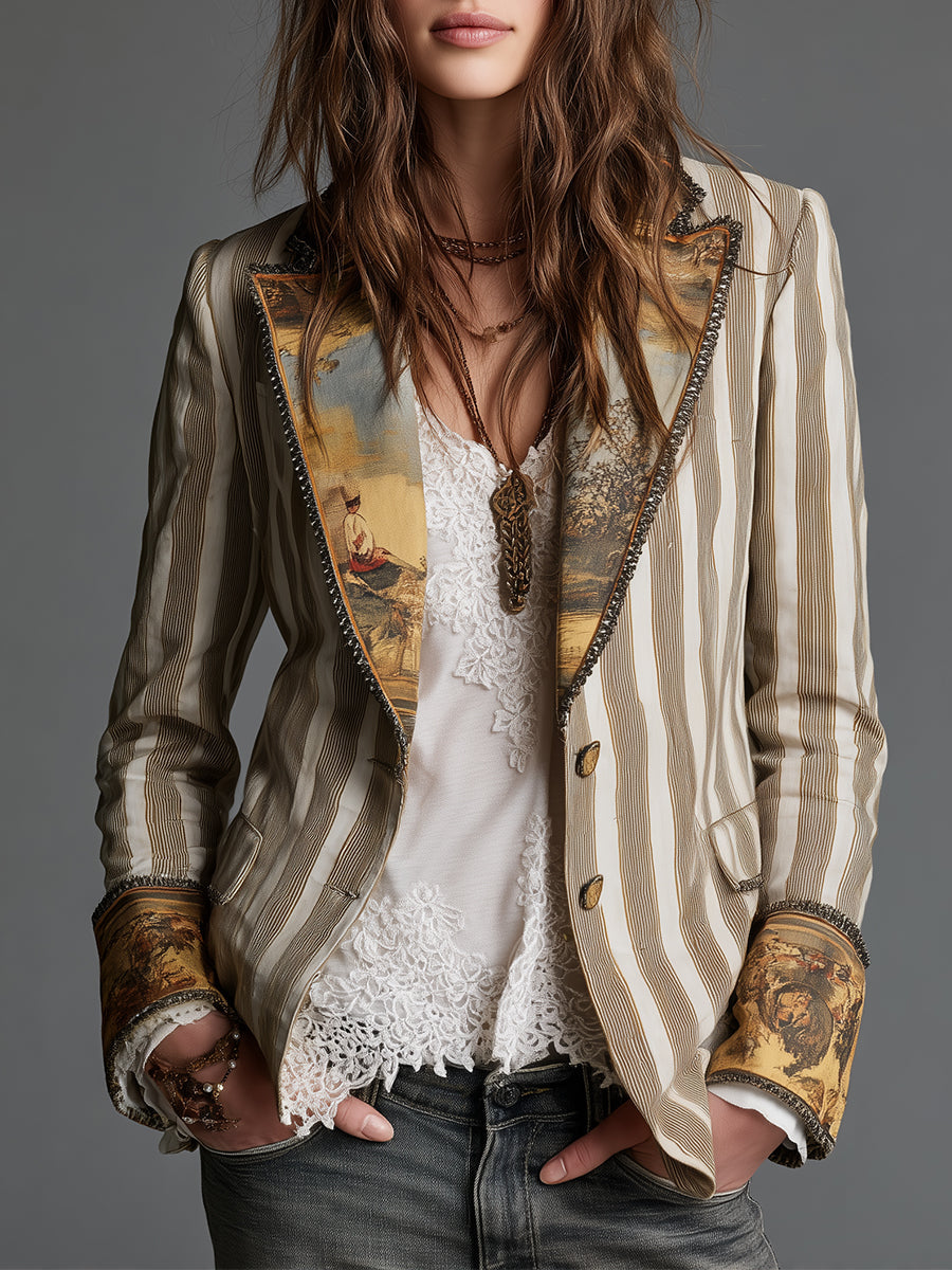 Augusta blazer in khaki stripe with printed lapels, front view