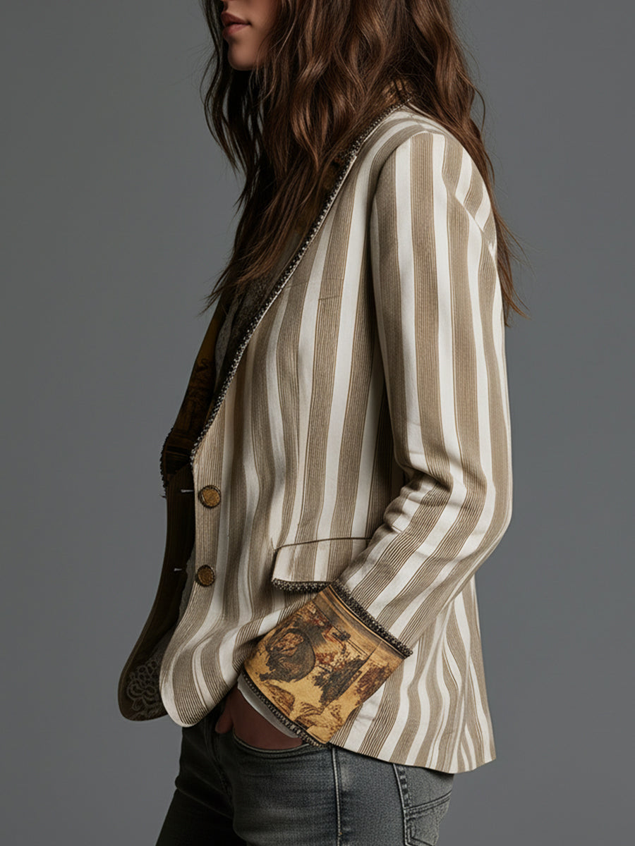 Augusta blazer in khaki stripe, side view showing printed turned-back cuff