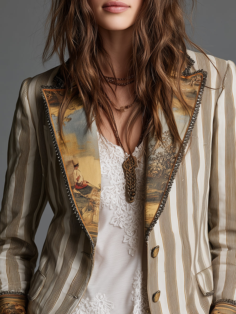 Augusta blazer close-up of printed lapels and beaded trim