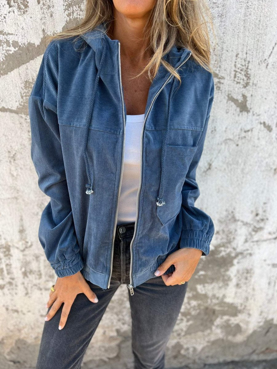 Lauren ribbed hooded zip jacket in blue, three-quarter front view