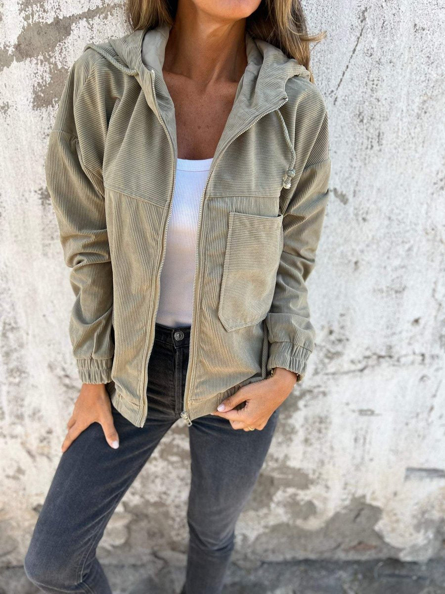 Lauren ribbed hooded zip jacket in green, front view