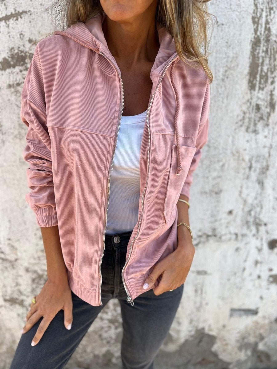Lauren ribbed hooded zip jacket in pink, worn open with drawstring hood
