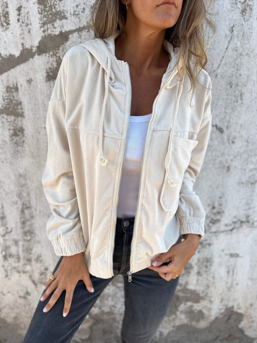 Lauren ribbed hooded zip jacket in white, front view