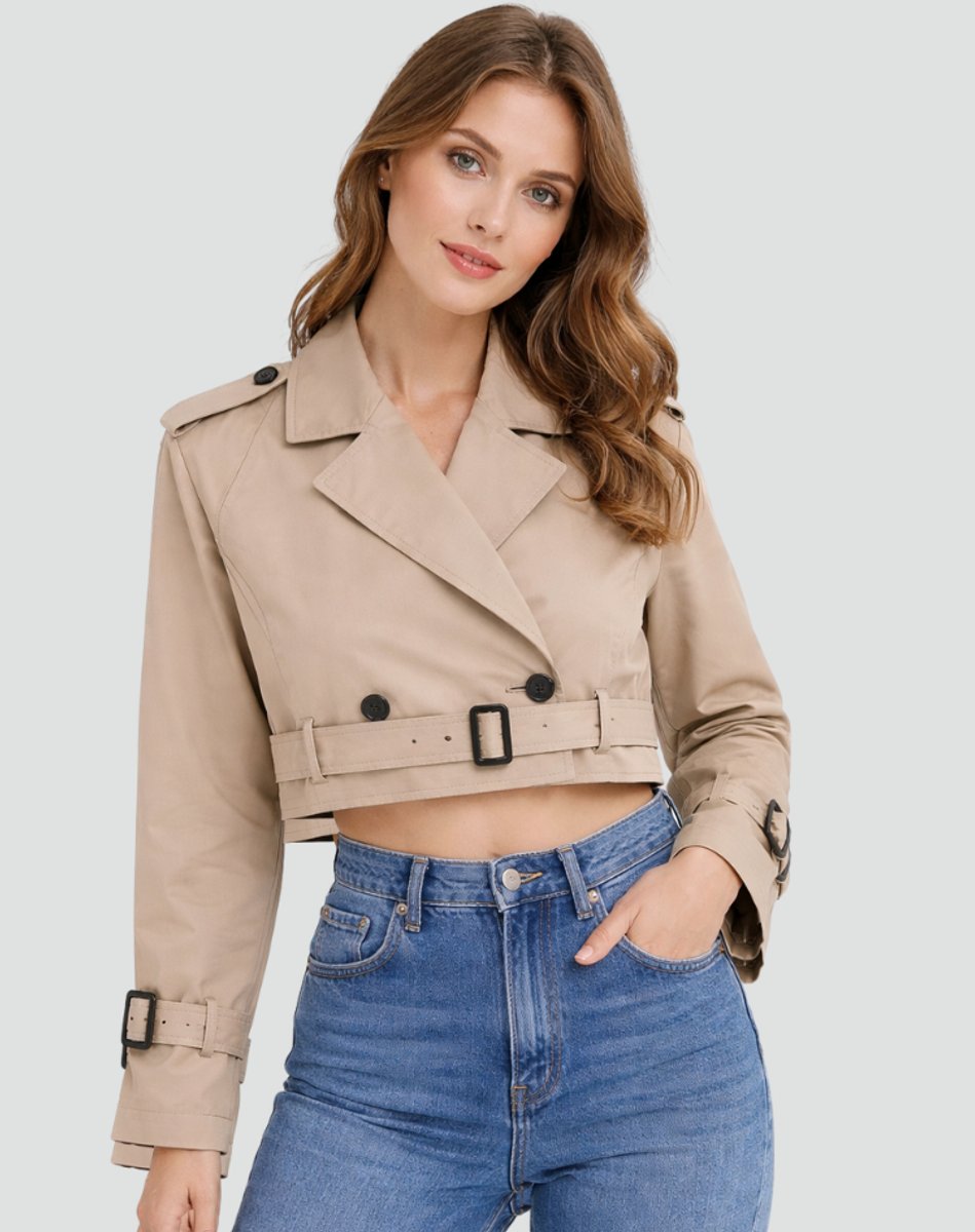 Joanne cropped belted trench jacket in khaki, front view with high-waisted jeans