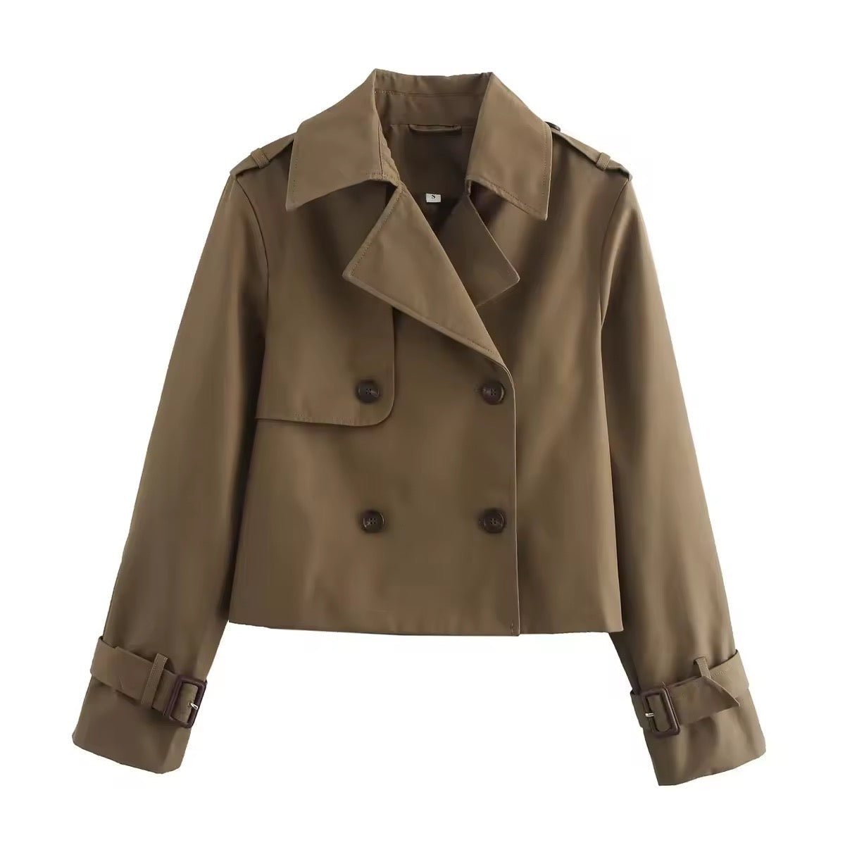 Eugenie short double-breasted trench jacket in brown, full front view