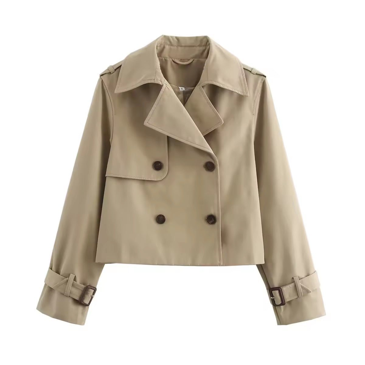 Eugenie short double-breasted trench jacket in beige, full front view