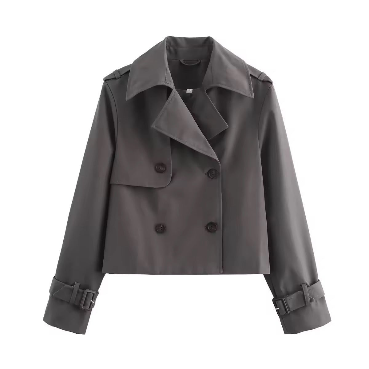 Eugenie short double-breasted trench jacket in grey, front view